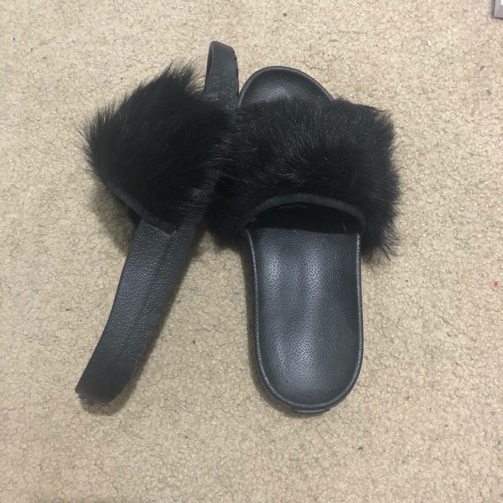 Fuzzy Black Ugg Slides
